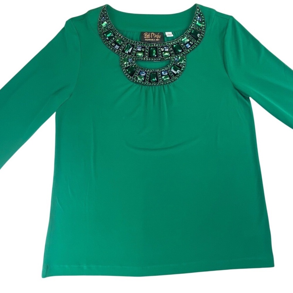 Bob Mackie Wearable Art Green Jeweled Neckline 3/4 Sleeve Top A209469 Womens S
